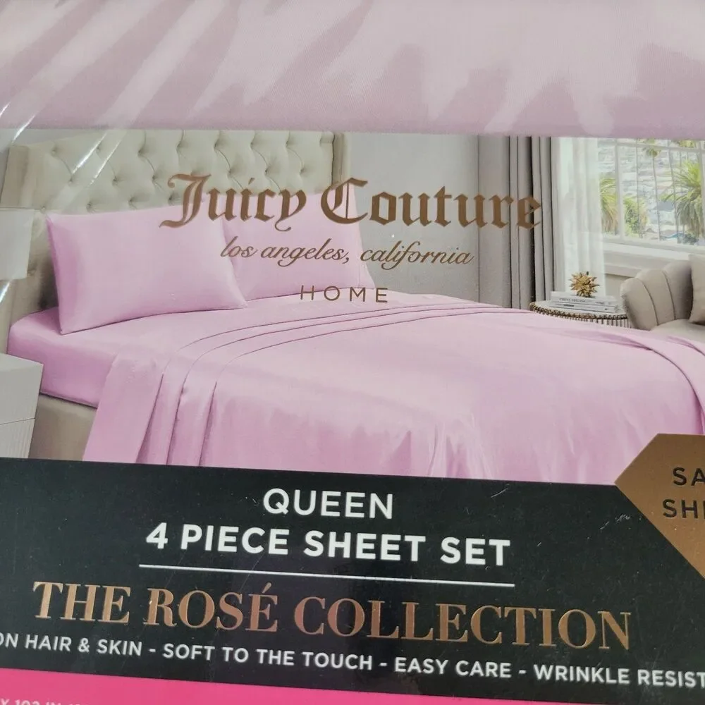 Juicy Couture Pastel Pink Satin 4pc QUEEN Sheets Set Easy Care Sleek Smooth Soft